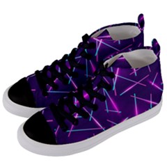 Retrowave Aesthetic Vaporwave Retro Memphis Pattern 80s Design Geometric Shapes Futurist Purple Pink Blue Neon Light Women s Mid-top Canvas Sneakers by genx