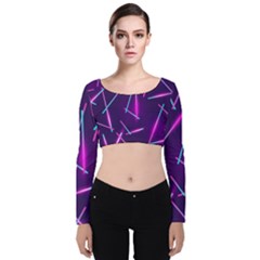 Retrowave Aesthetic Vaporwave Retro Memphis Pattern 80s Design Geometric Shapes Futurist Purple Pink Blue Neon Light Velvet Long Sleeve Crop Top by genx