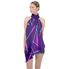 Retrowave Aesthetic Vaporwave Retro Memphis Pattern 80s Design Geometric Shapes Futurist Purple Pink Blue Neon Light Halter Asymmetric Satin Top by genx