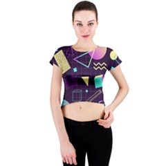 Retrowave Aesthetic Vaporwave Retro Memphis Pattern 80s Design 3d Geometric Shapes Crew Neck Crop Top by genx