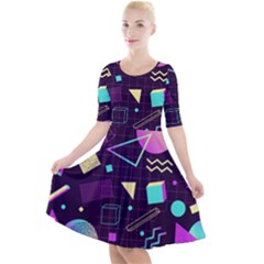 Retrowave Aesthetic Vaporwave Retro Memphis Pattern 80s Design 3d Geometric Shapes Quarter Sleeve A-line Dress by genx