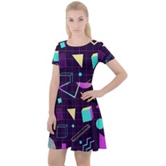 Retrowave Aesthetic Vaporwave Retro Memphis Pattern 80s Design 3d Geometric Shapes Cap Sleeve Velour Dress  by genx