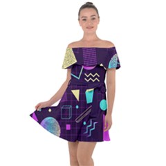 Retrowave Aesthetic Vaporwave Retro Memphis Pattern 80s Design 3d Geometric Shapes Off Shoulder Velour Dress by genx