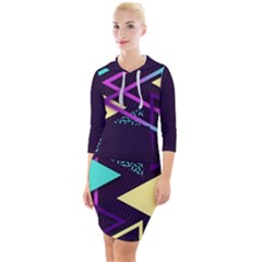 Retrowave Aesthetic Vaporwave Retro Memphis Triangle Pattern 80s Yellow Turquoise Purple Quarter Sleeve Hood Bodycon Dress by genx