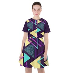 Retrowave Aesthetic Vaporwave Retro Memphis Triangle Pattern 80s Yellow Turquoise Purple Sailor Dress by genx