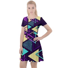 Retrowave Aesthetic Vaporwave Retro Memphis Triangle Pattern 80s Yellow Turquoise Purple Cap Sleeve Velour Dress  by genx