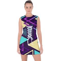 Retrowave Aesthetic Vaporwave Retro Memphis Triangle Pattern 80s Yellow Turquoise Purple Lace Up Front Bodycon Dress by genx