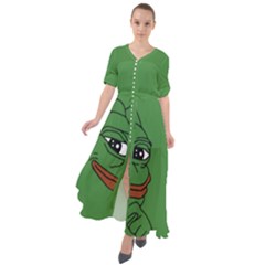 Pepe The Frog Smug Face With Smile And Hand On Chin Meme Kekistan All Over Print Green Waist Tie Boho Maxi Dress by snek