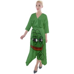 Pepe The Frog Smug Face With Smile And Hand On Chin Meme Kekistan All Over Print Green Quarter Sleeve Wrap Front Maxi Dress by snek