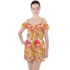 Monotype Art Pattern Leaves Colored Autumn Ruffle Cut Out Chiffon Playsuit by Amaryn4rt