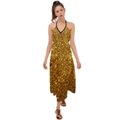 Gold Glitters Metallic Finish Party Texture Background Faux Shine Pattern Halter Tie Back Dress  by genx