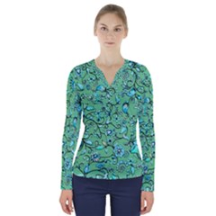 Green Flowers V-neck Long Sleeve Top by ZeeBee