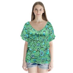 Green Flowers V-neck Flutter Sleeve Top by ZeeBee