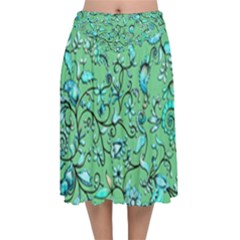 Green Flowers Velvet Flared Midi Skirt by ZeeBee