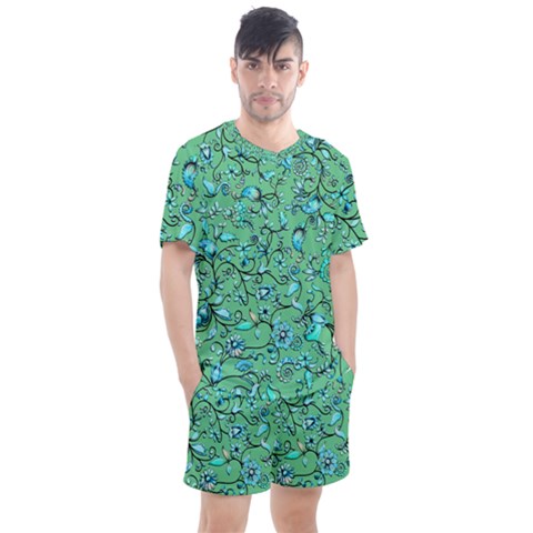 Green Flowers Men s Mesh Tee And Shorts Set by ZeeBee