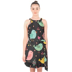 Birds Cute Pattern Background Halter Collar Waist Tie Chiffon Dress by Vaneshart