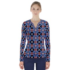 Pattern Weave Background Blue Red Black V-neck Long Sleeve Top by Vaneshart