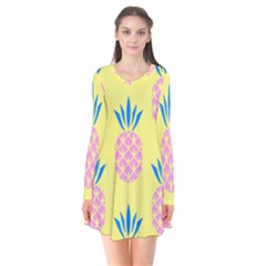 Summer Pineapple Seamless Pattern Long Sleeve V-neck Flare Dress by Sobalvarro