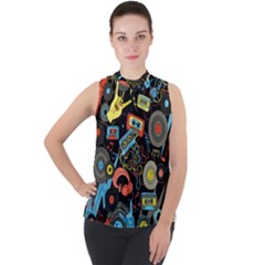 Music Pattern Mock Neck Chiffon Sleeveless Top by Sapixe