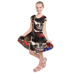 Confederate Flag Usa America United States Csa Civil War Rebel Dixie Military Poster Skull Kids  Short Sleeve Dress by Sapixe