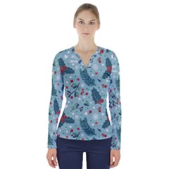 Seamless Pattern With Berries Leaves V-neck Long Sleeve Top by Vaneshart