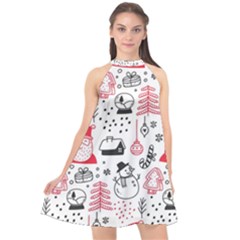 Christmas Themed Seamless Pattern Halter Neckline Chiffon Dress  by Vaneshart