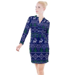 Beautiful Knitted Christmas Pattern Blur Green Button Long Sleeve Dress by Vaneshart