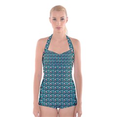 Chrix Pat Teal Boyleg Halter Swimsuit  by snowwhitegirl