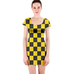 Checkerboard Pattern Black And Yellow Ancap Libertarian Short Sleeve Bodycon Dress by snek