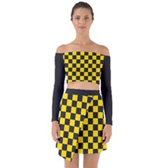 Checkerboard Pattern Black And Yellow Ancap Libertarian Off Shoulder Top With Skirt Set by snek