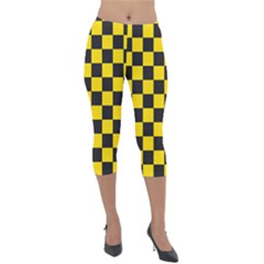 Checkerboard Pattern Black And Yellow Ancap Libertarian Lightweight Velour Capri Leggings  by snek