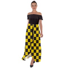 Checkerboard Pattern Black And Yellow Ancap Libertarian Off Shoulder Open Front Chiffon Dress by snek