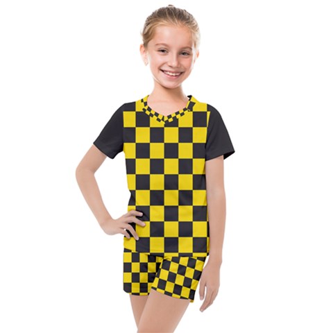 Checkerboard Pattern Black And Yellow Ancap Libertarian Kids  Mesh Tee And Shorts Set by snek