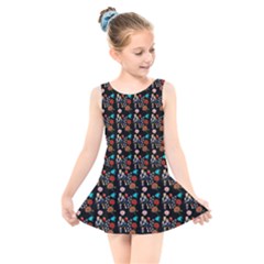 Retro Girls Dress In Black Pattern Black Kids  Skater Dress Swimsuit by snowwhitegirl