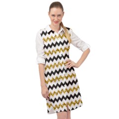 Black And Gold Glitters Zigzag Retro Pattern Golden Metallic Texture Long Sleeve Mini Shirt Dress by genx