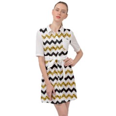 Black And Gold Glitters Zigzag Retro Pattern Golden Metallic Texture Belted Shirt Dress by genx