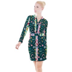 Hand Drawn Christmas Pattern Collection Button Long Sleeve Dress by Vaneshart