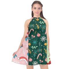 Hand Drawn Christmas Pattern Collection Halter Neckline Chiffon Dress  by Vaneshart