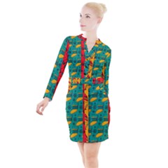 Hand Drawn Christmas Pattern Collection Pattern Button Long Sleeve Dress by Vaneshart