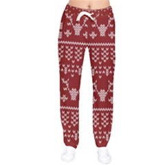 Beautiful Knitted Christmas Pattern Red Women Velvet Drawstring Pants by Vaneshart