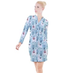 Christmas Tree Cute Lama With Gift Boxes Seamless Pattern Button Long Sleeve Dress by Vaneshart