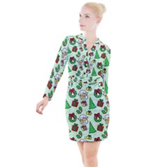 Colorful Funny Christmas Pattern Cartoon Button Long Sleeve Dress by Vaneshart