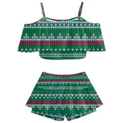 Knitted Christmas Pattern Green Red Kids  Off Shoulder Skirt Bikini by Vaneshart