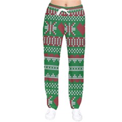 Knitted Christmas Pattern Green Red Women Velvet Drawstring Pants by Vaneshart