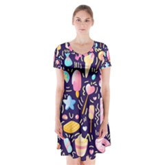 Cute Seamless Pattern With Colorful Sweets Cakes Lollipops Short Sleeve V-neck Flare Dress by Wegoenart