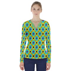 Pattern Tiles Square Design Modern V-neck Long Sleeve Top by Vaneshart