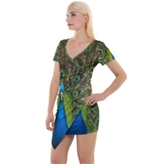 Peacock Feathers Bird Nature Short Sleeve Asymmetric Mini Dress by Vaneshart