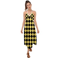 Block Fiesta - Blonde Yellow & Black Halter Tie Back Dress  by FashionBoulevard