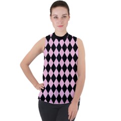 Block Fiesta - Blush Pink & Black Mock Neck Chiffon Sleeveless Top by FashionBoulevard