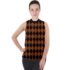 Block Fiesta - Burnt Orange & Black Mock Neck Chiffon Sleeveless Top by FashionBoulevard